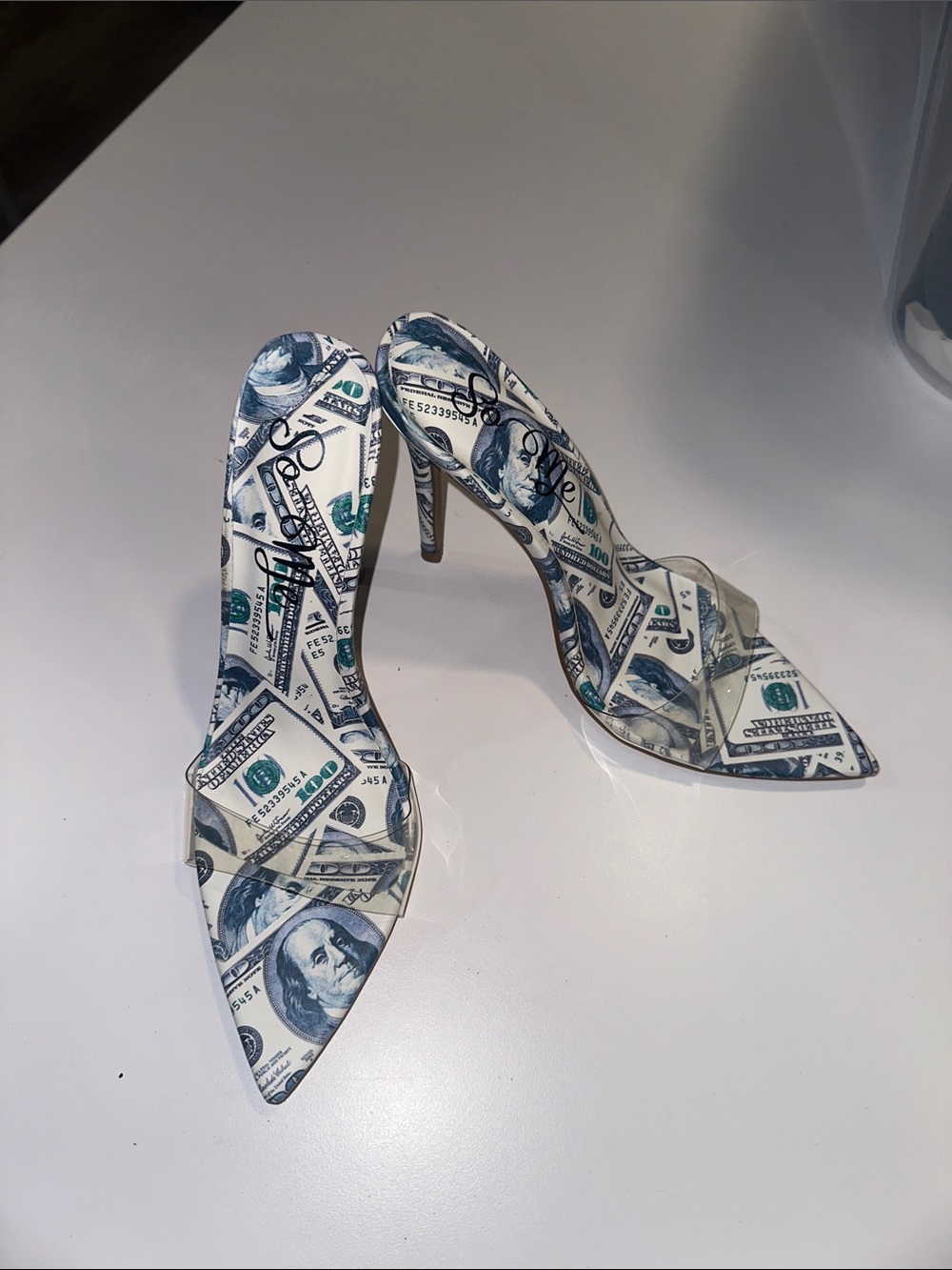 So Me Money Print Pointed Toe High Heel Slide - White/Green
